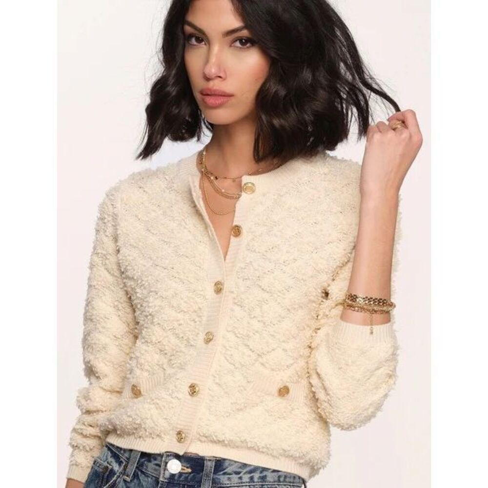 Heartloom Anika Cardigan XS Ivory Boucle Knit Gold Button Cropped Sweater